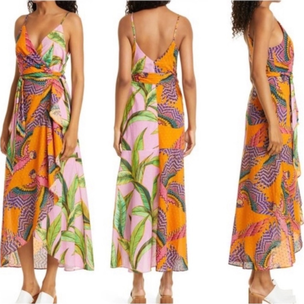 New FARM Rio Mixed Print Beaded Macaw Pink Foliage Midi Dress